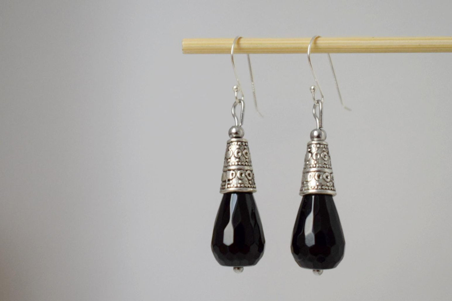 Black Onyx Dangle Earrings: Sterling Silver hooks, Gemstone Teardrop, Boho Jewelry