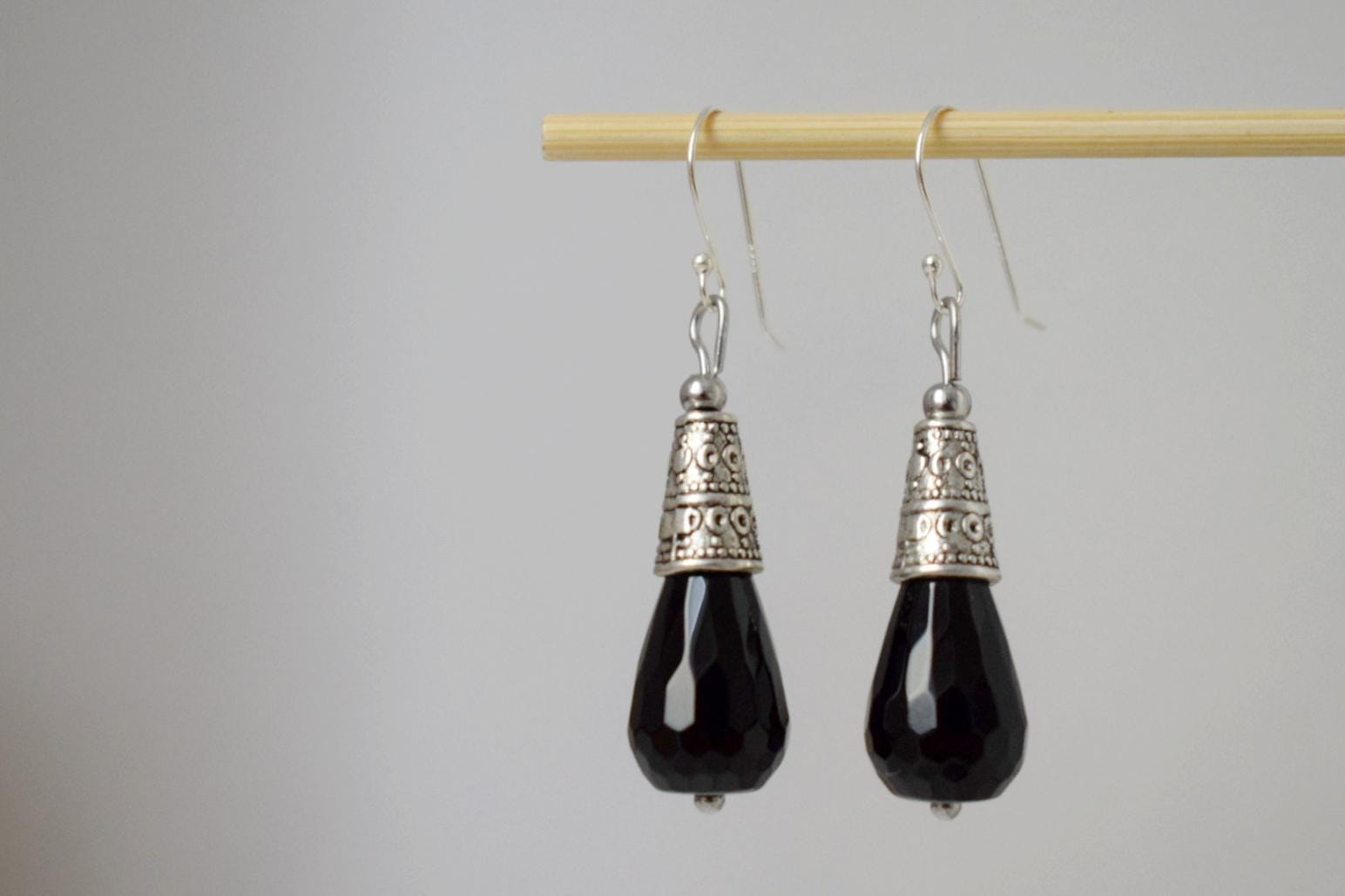 Black Onyx Dangle Earrings: Sterling Silver hooks, Gemstone Teardrop, Boho Jewelry