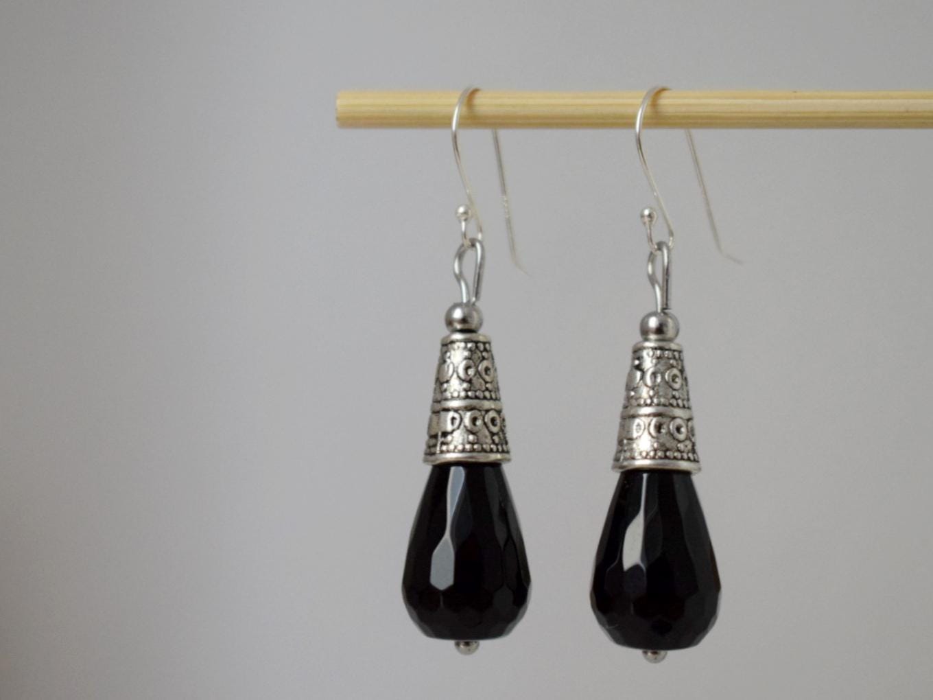 Black Onyx Dangle Earrings: Sterling Silver hooks, Gemstone Teardrop, Boho Jewelry