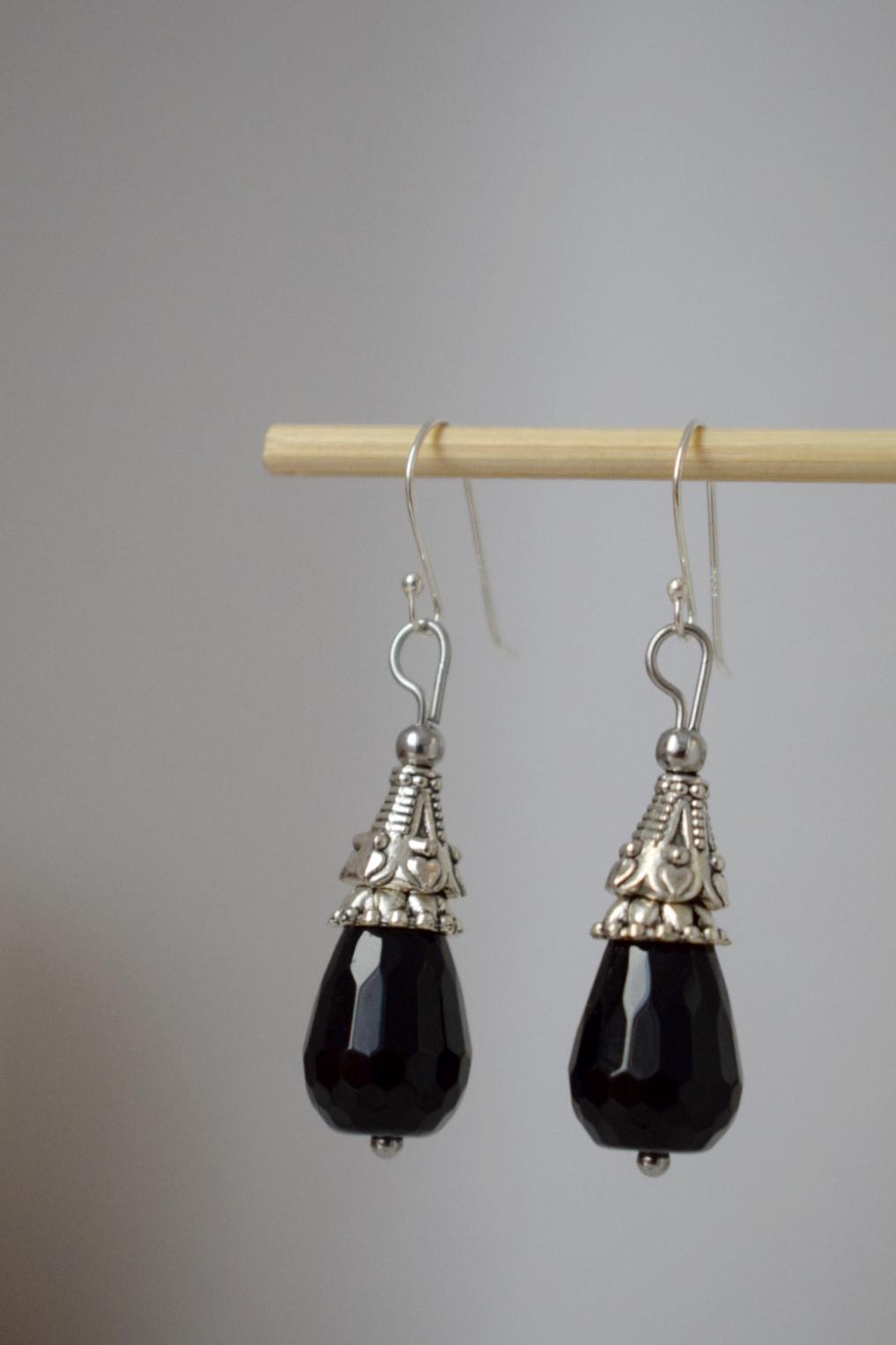 Black Onyx Dangle Earrings: Teardrop Gemstone, Sterling Silver Hooks, Boho Jewelry, Gift for her