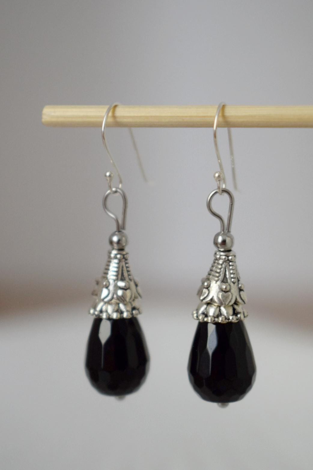 Black Onyx Dangle Earrings: Teardrop Gemstone, Sterling Silver Hooks, Boho Jewelry, Gift for her
