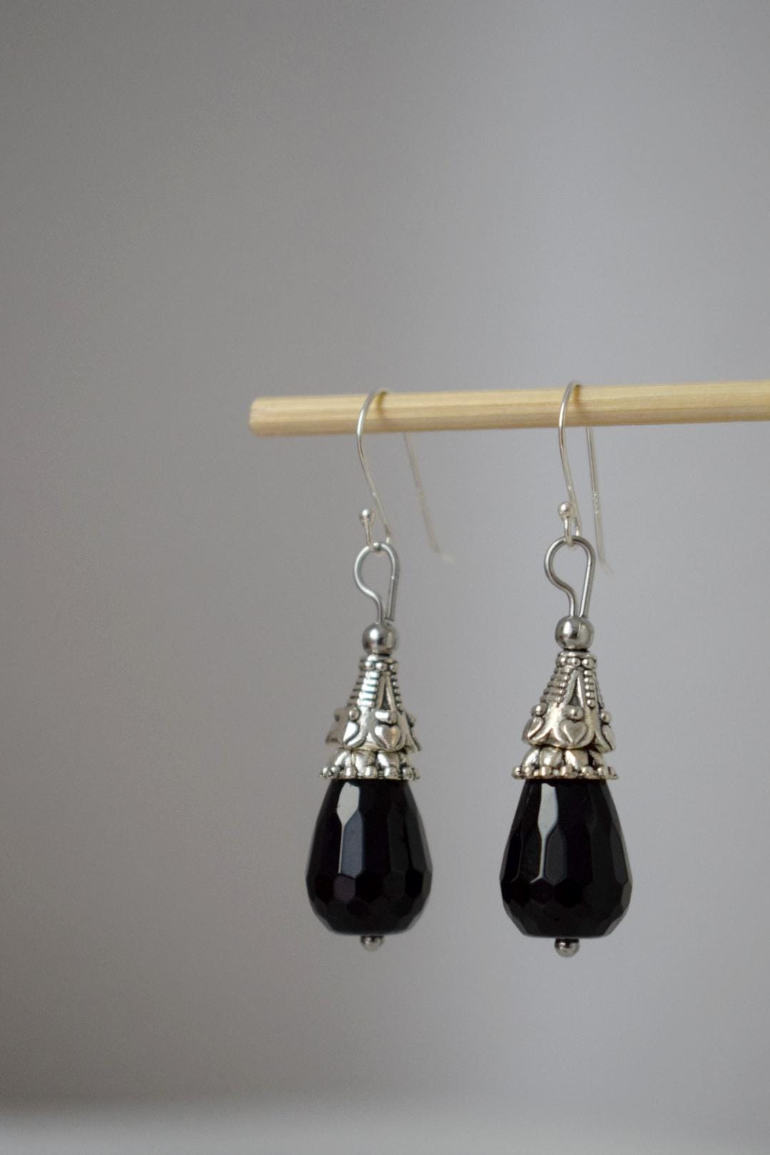 Black Onyx Dangle Earrings: Teardrop Gemstone, Sterling Silver Hooks, Boho Jewelry, Gift for her
