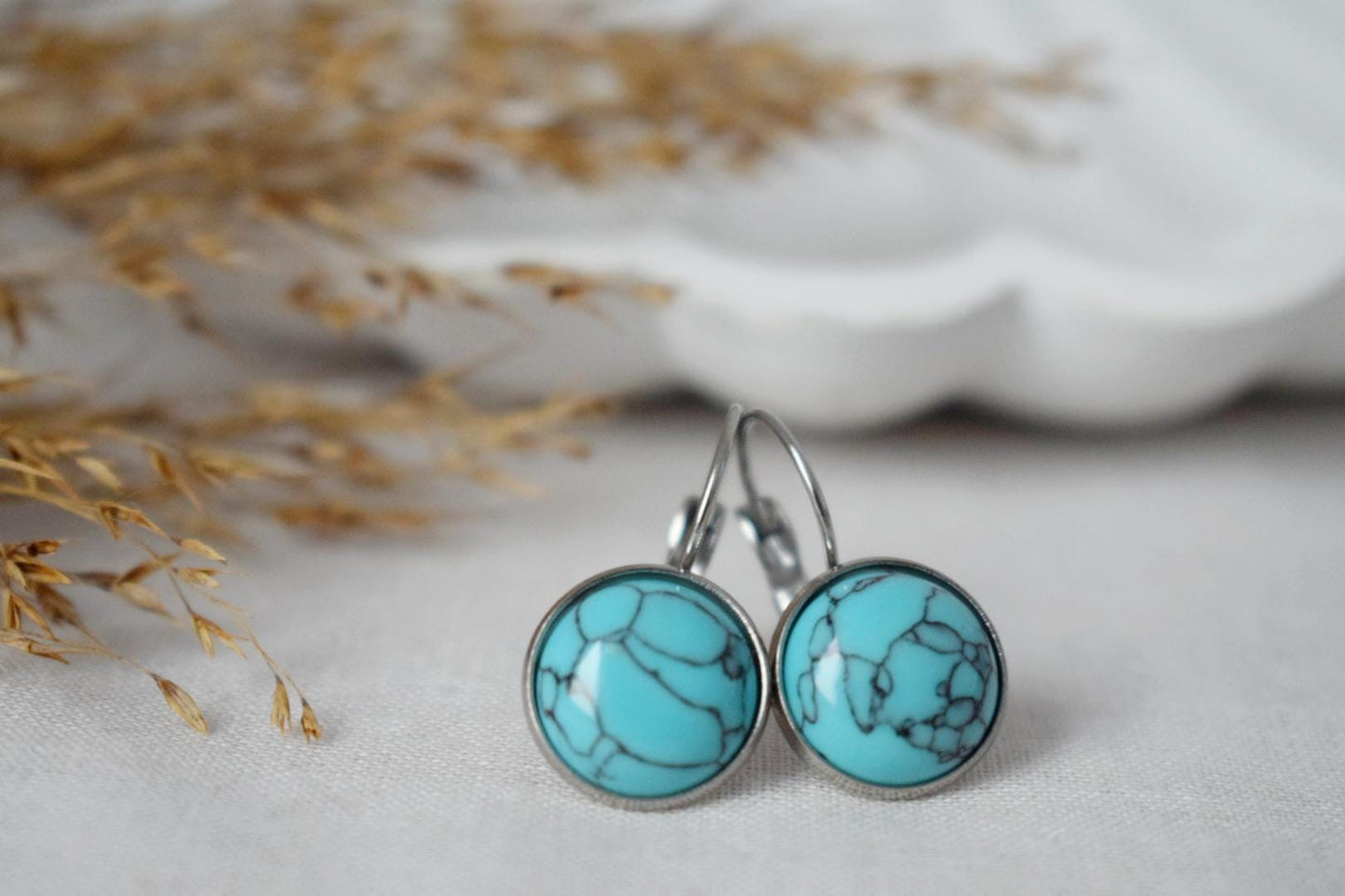 Turquoise Dangle Earrings: Stainless Steel Leverback, Boho Style Jewellery
