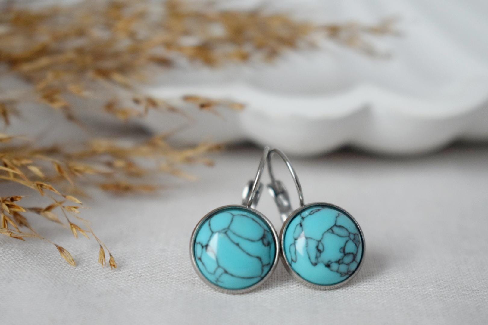 Turquoise Dangle Earrings: Stainless Steel Leverback, Boho Style Jewellery
