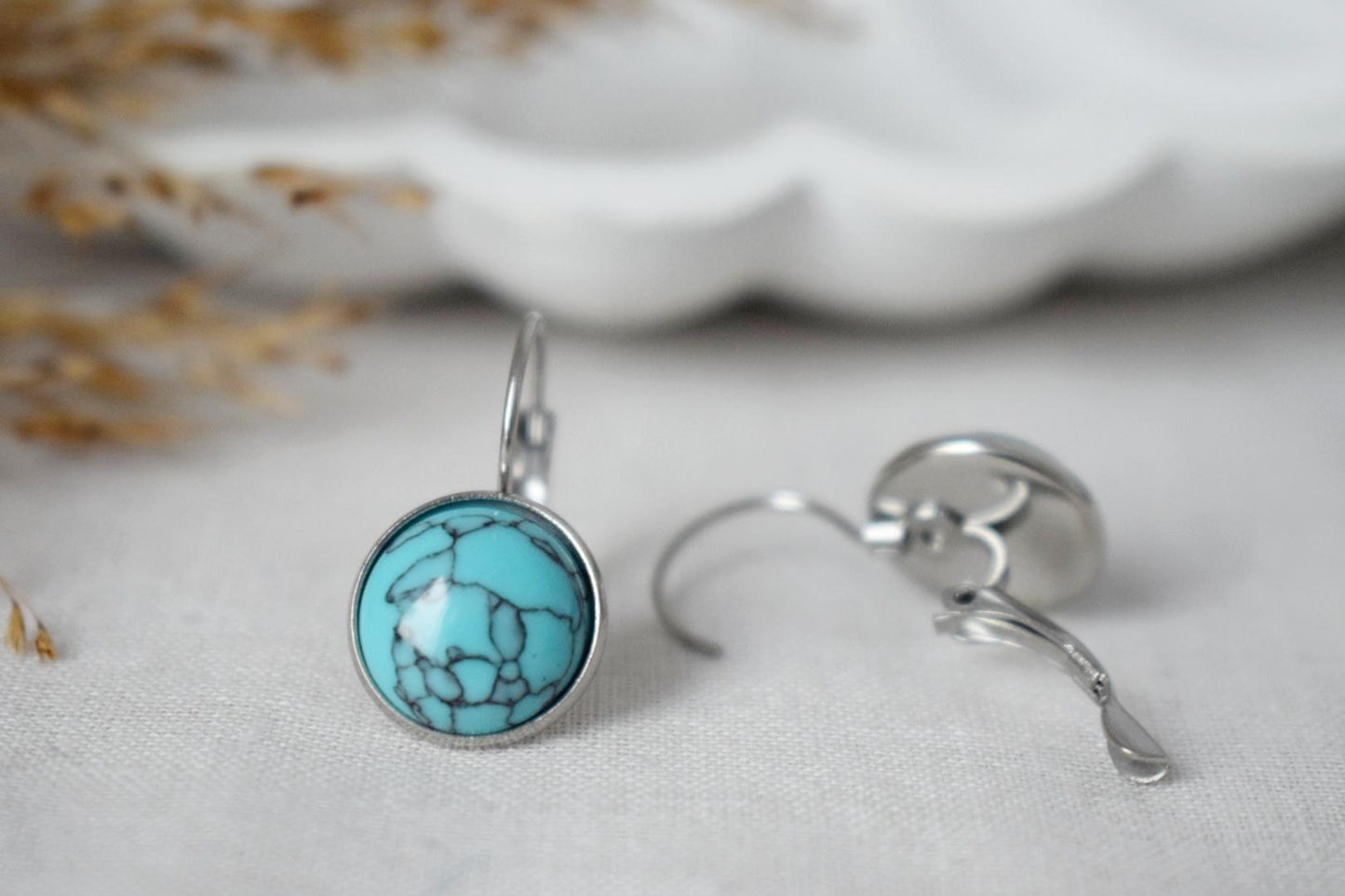 Turquoise Dangle Earrings: Stainless Steel Leverback, Boho Style Jewellery