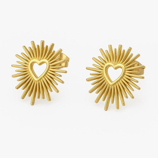 Sunburst Heart Stud Earrings, 18K Gold Plated, Lightweight Boho Jewelry, Gift Unique Jewelry