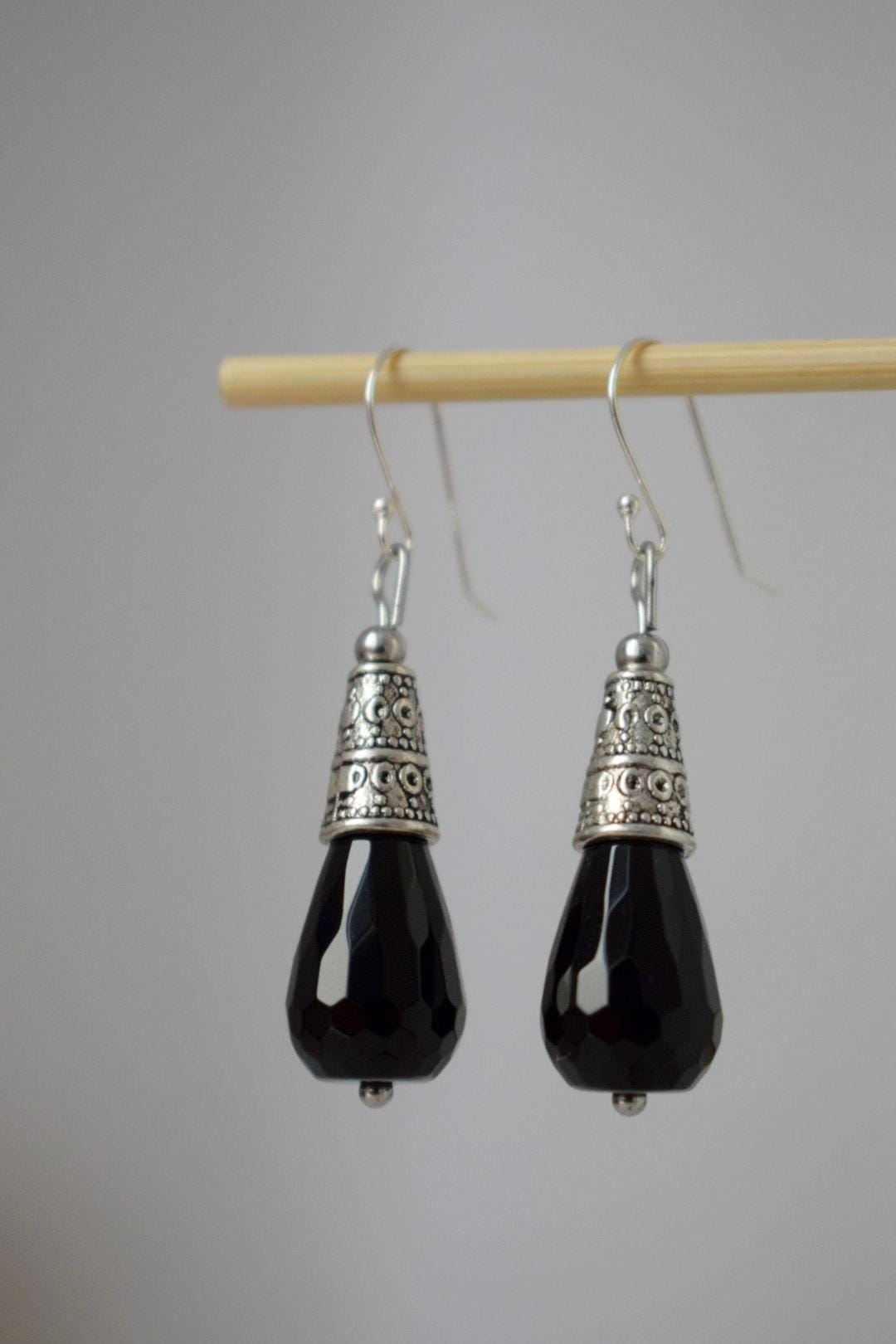 Black Onyx Dangle Earrings: Sterling Silver hooks, Gemstone Teardrop, Boho Jewelry