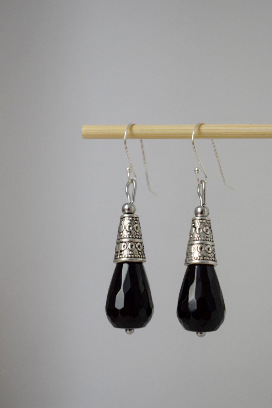 Black Onyx Dangle Earrings: Sterling Silver hooks, Gemstone Teardrop, Boho Jewelry