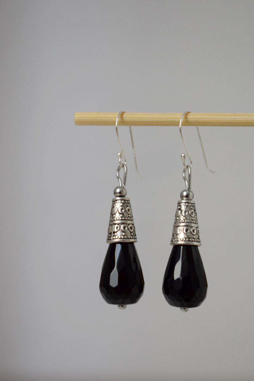 Black Onyx Dangle Earrings: Sterling Silver hooks, Gemstone Teardrop, Boho Jewelry