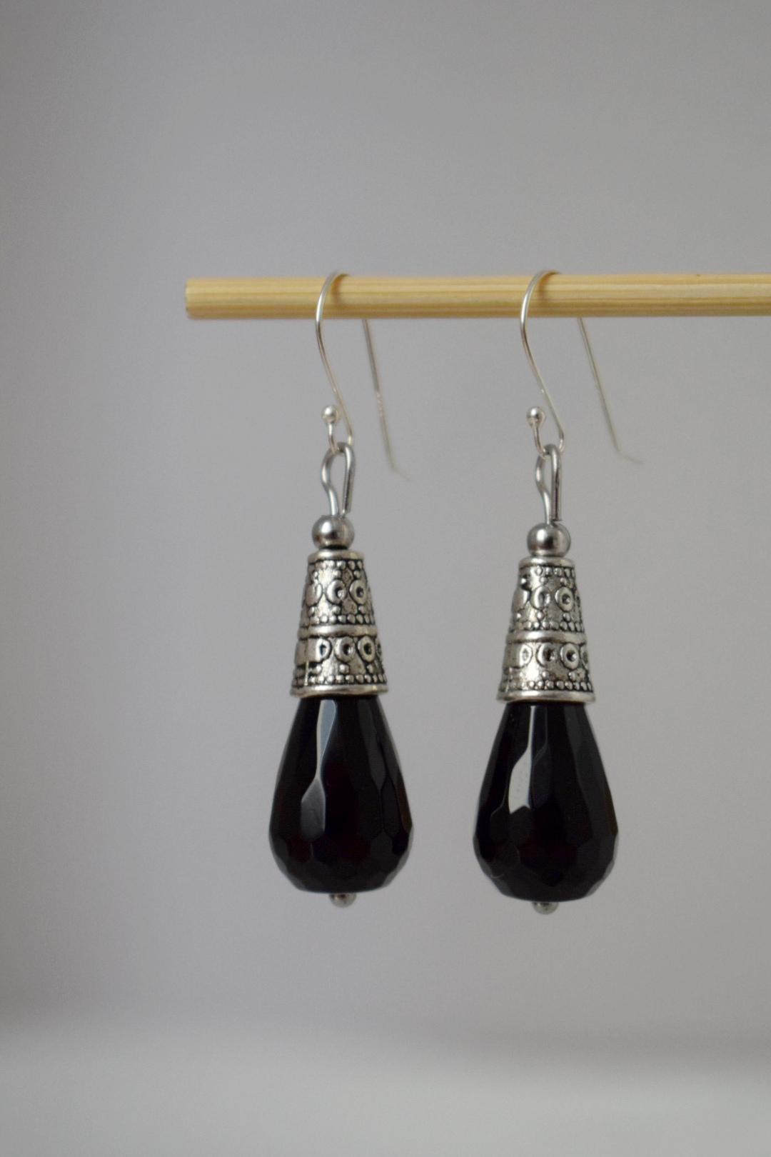 Black Onyx Dangle Earrings: Sterling Silver hooks, Gemstone Teardrop, Boho Jewelry