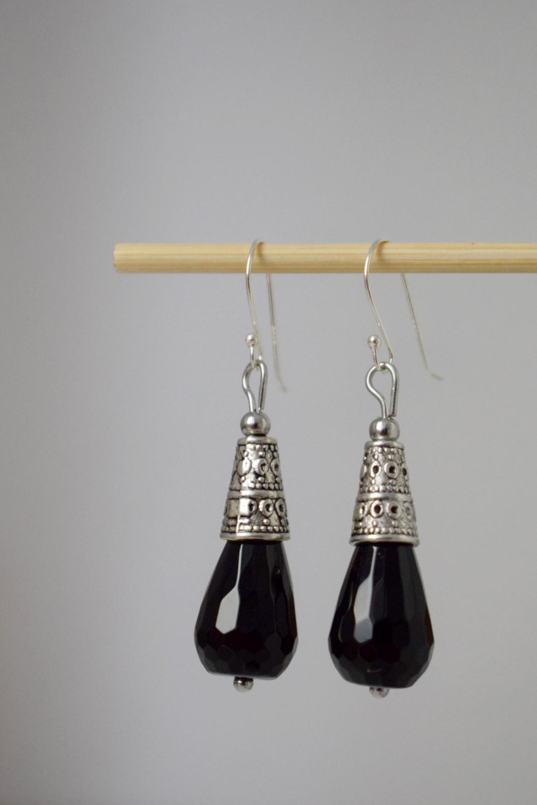 Black Onyx Dangle Earrings: Sterling Silver hooks, Gemstone Teardrop, Boho Jewelry