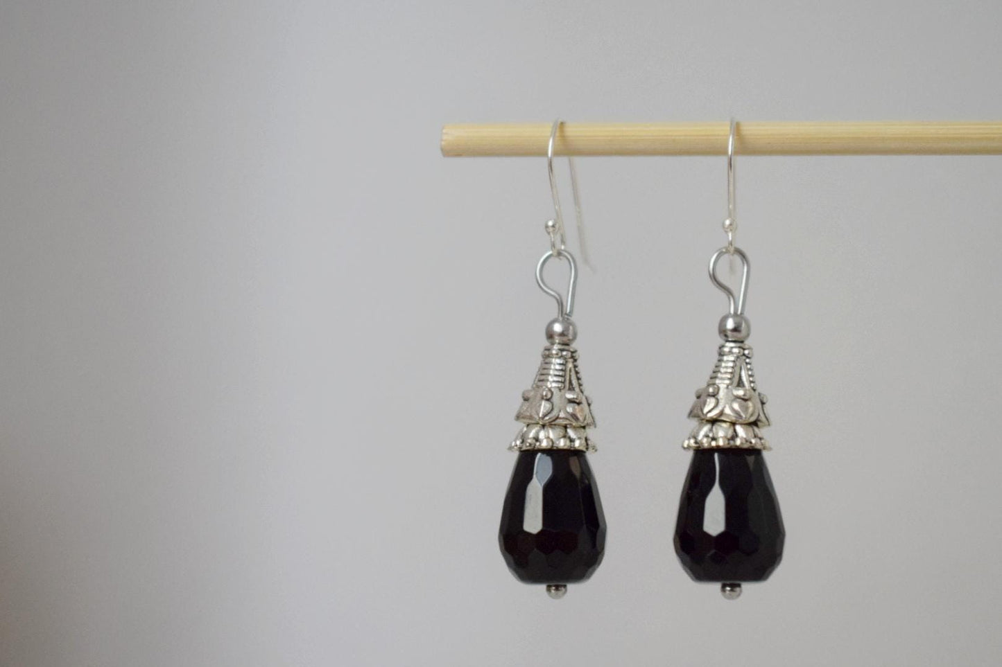 Black Onyx Dangle Earrings: Teardrop Gemstone, Sterling Silver Hooks, Boho Jewelry, Gift for her