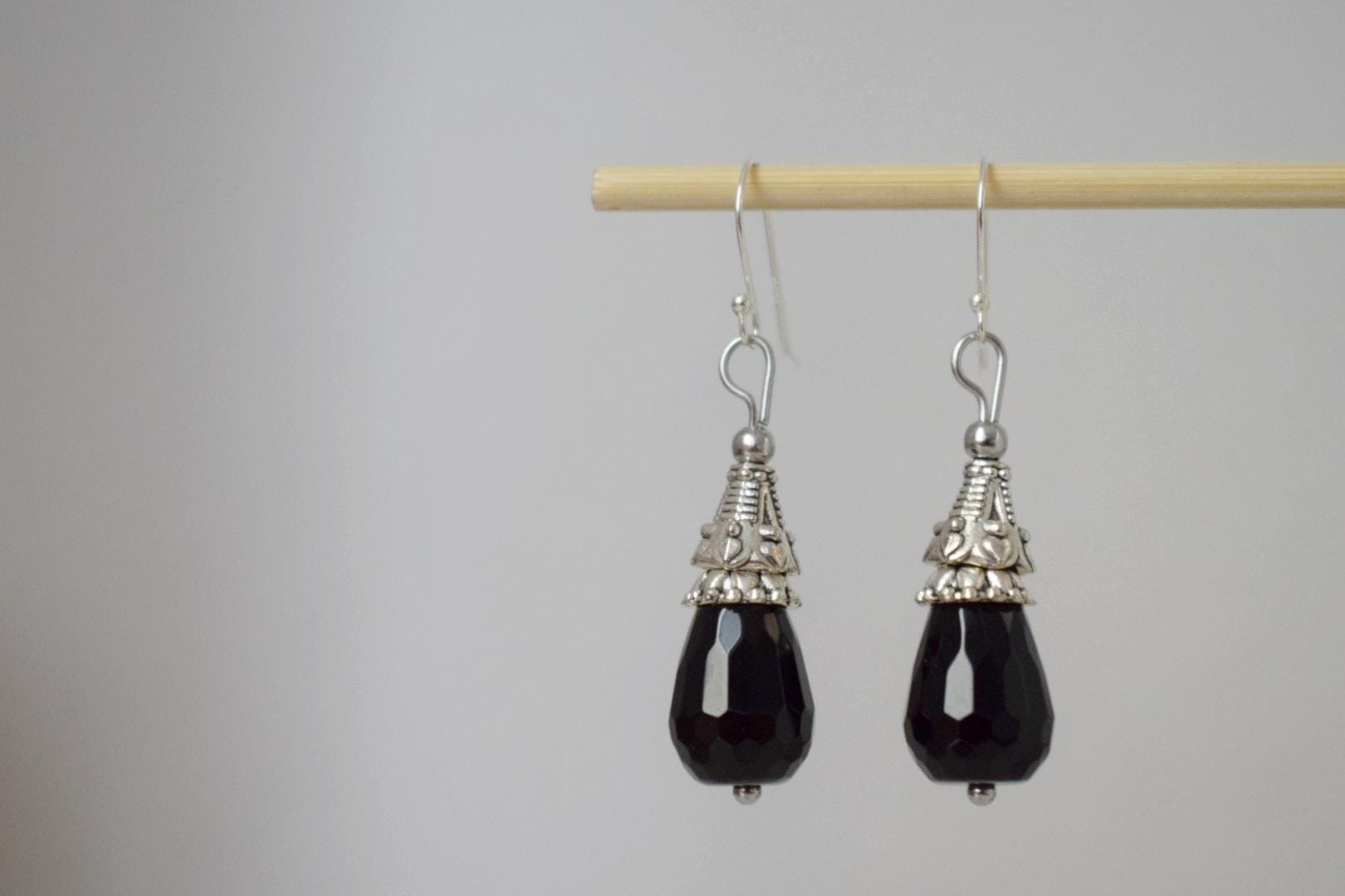Black Onyx Dangle Earrings: Teardrop Gemstone, Sterling Silver Hooks, Boho Jewelry, Gift for her