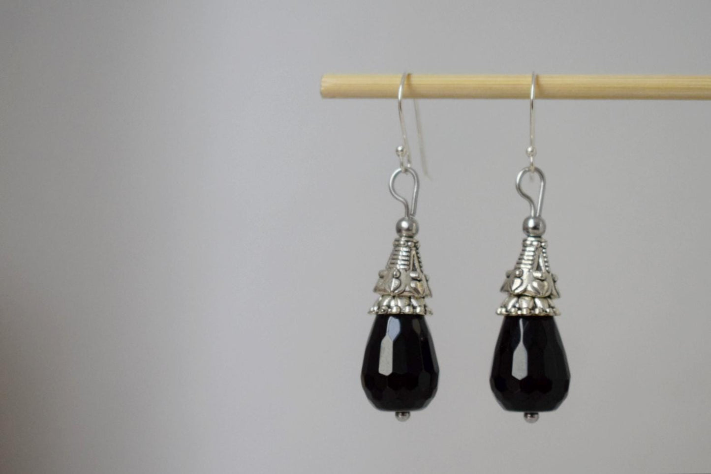Black Onyx Dangle Earrings: Teardrop Gemstone, Sterling Silver Hooks, Boho Jewelry, Gift for her