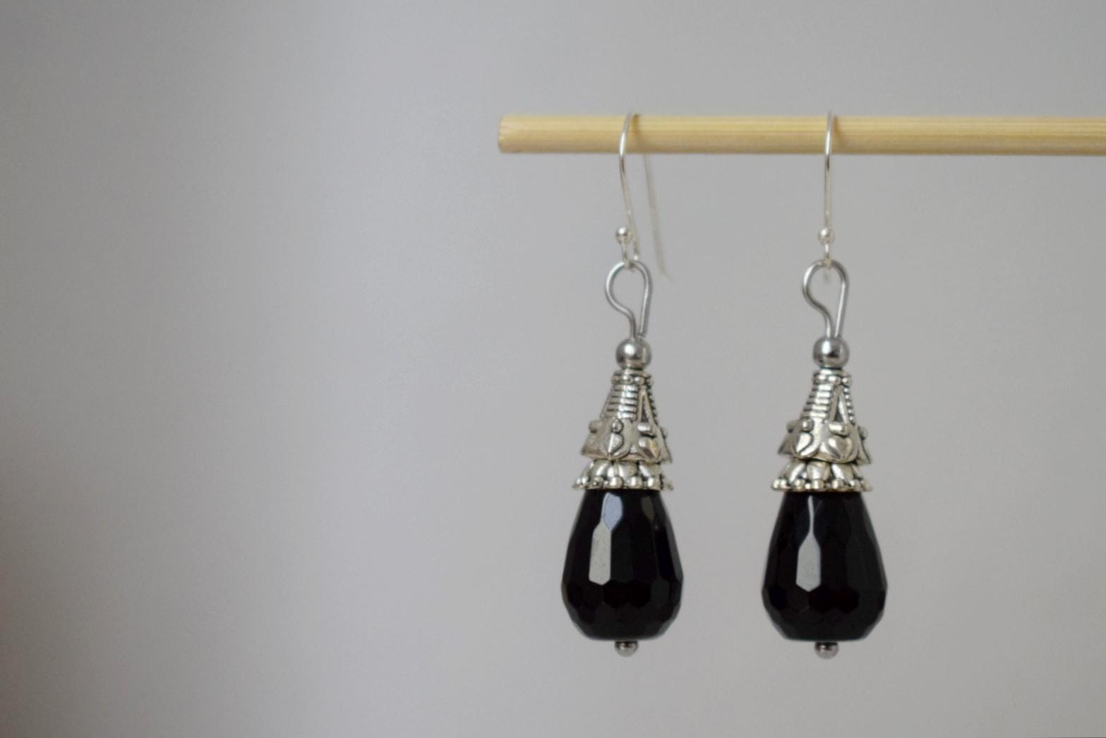 Black Onyx Dangle Earrings: Teardrop Gemstone, Sterling Silver Hooks, Boho Jewelry, Gift for her