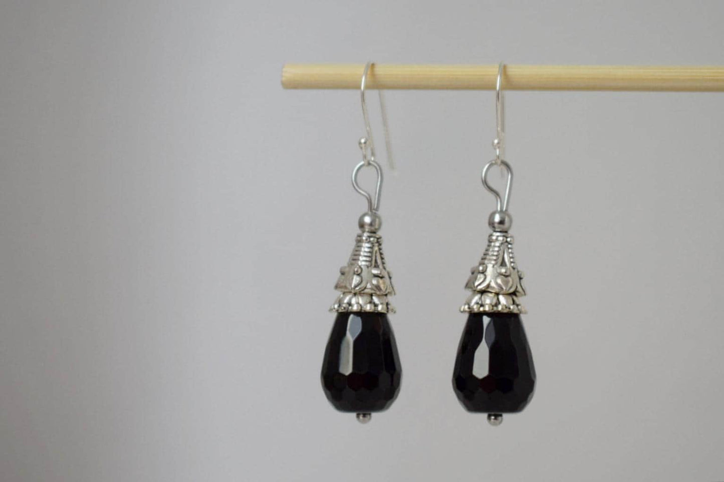 Black Onyx Dangle Earrings: Teardrop Gemstone, Sterling Silver Hooks, Boho Jewelry, Gift for her