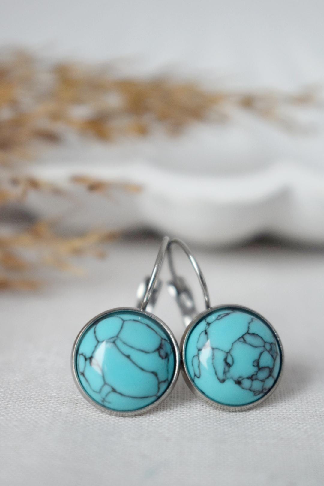 Turquoise Dangle Earrings: Stainless Steel Leverback, Boho Style Jewellery