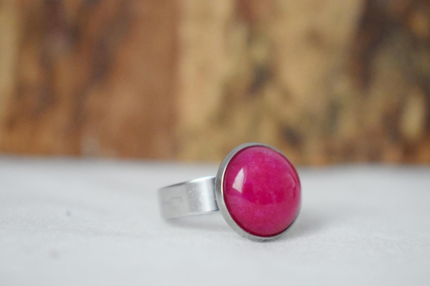 Magenta Pink Jade Ring: Adjustable Stainless Steel, Gemstone Jewelry, Gift For Her