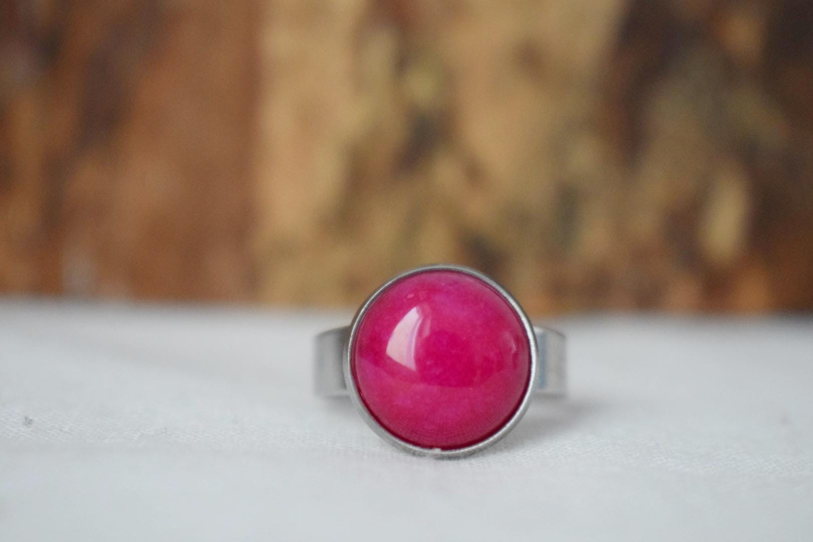 Magenta Pink Jade Ring: Adjustable Stainless Steel, Gemstone Jewelry, Gift For Her