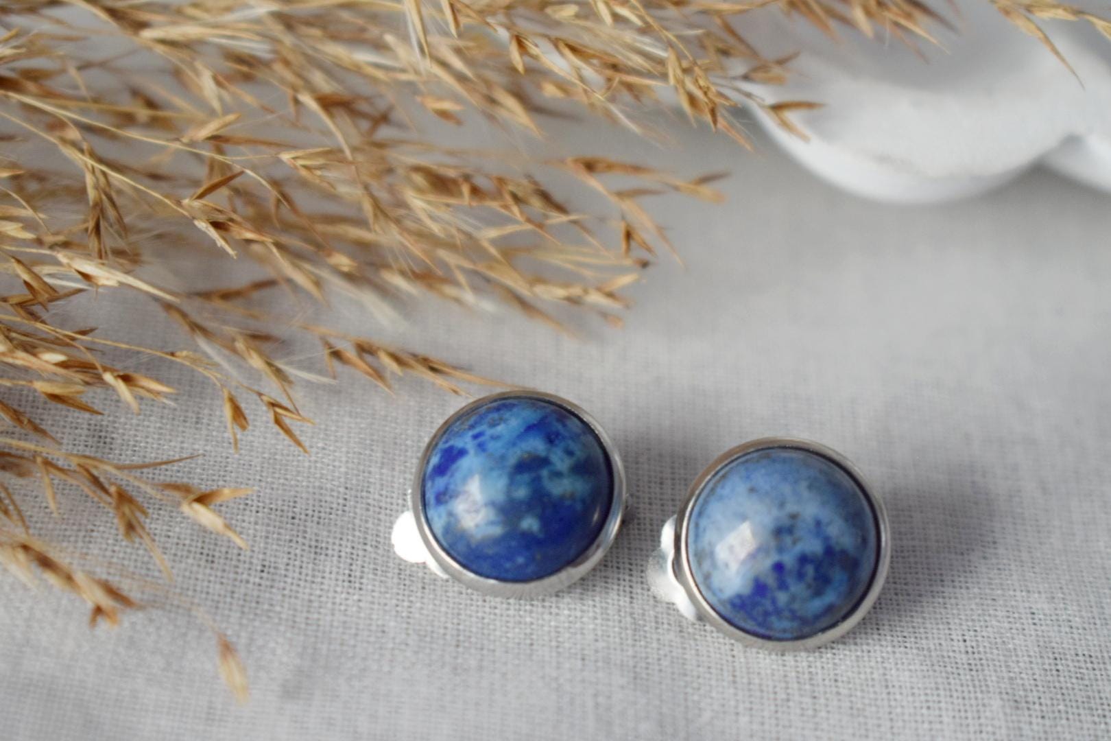Lapis Lazuli Clip On Earrings, Stainless Steel, No Piercing Jewellery