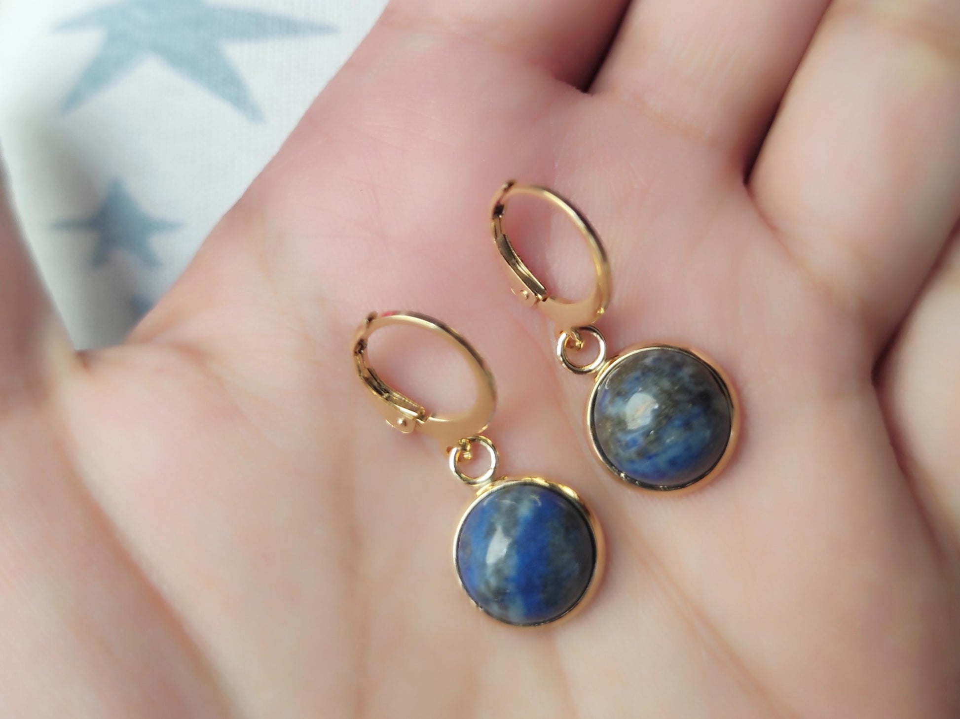 Lapis Lazuli Dangle Earrings: 24k Gold Plated Huggie Hoops, Minimalist Stone Jewelry, Gift for her