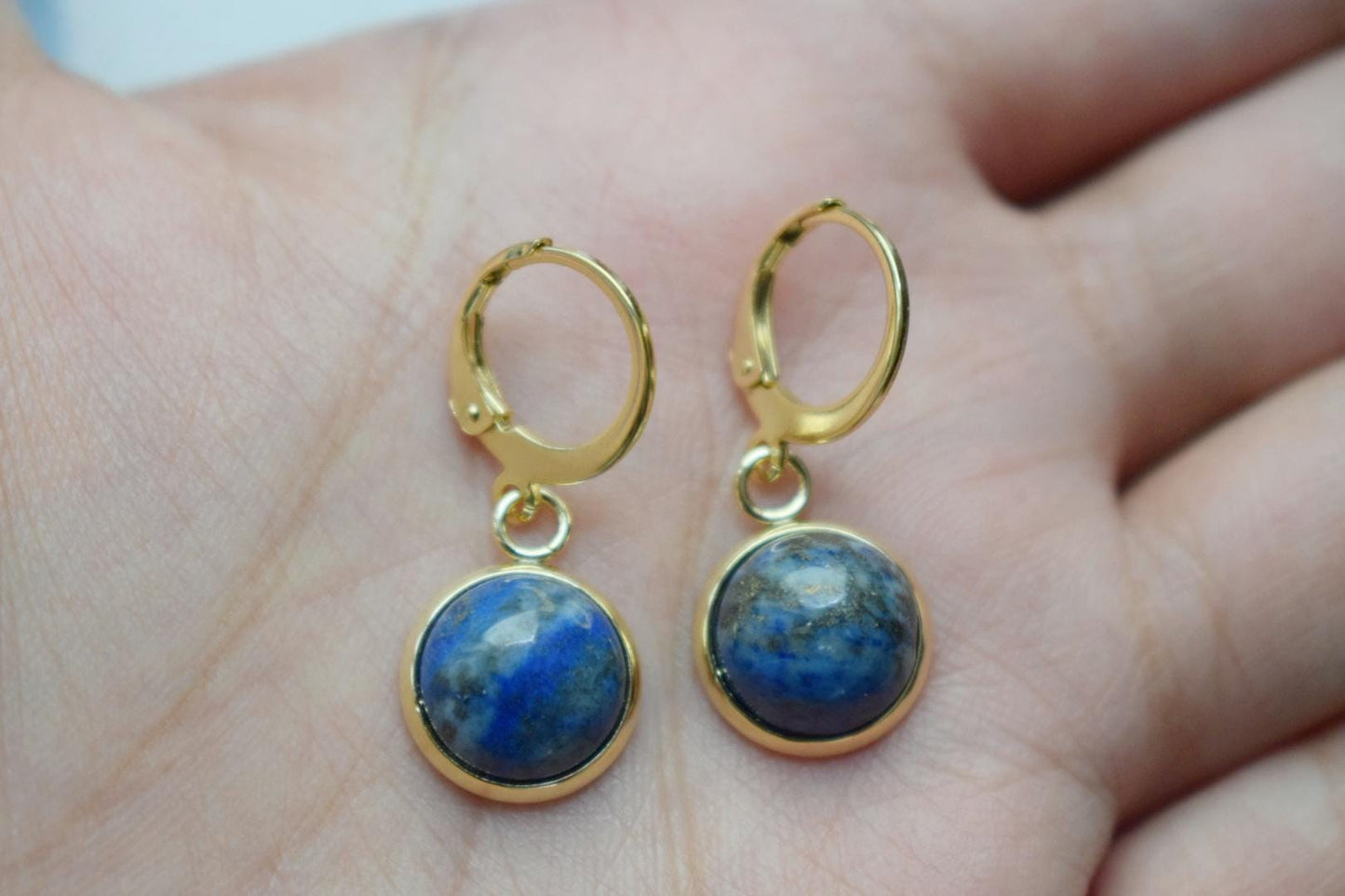 Lapis Lazuli Dangle Earrings: 24k Gold Plated Huggie Hoops, Minimalist Stone Jewelry, Gift for her