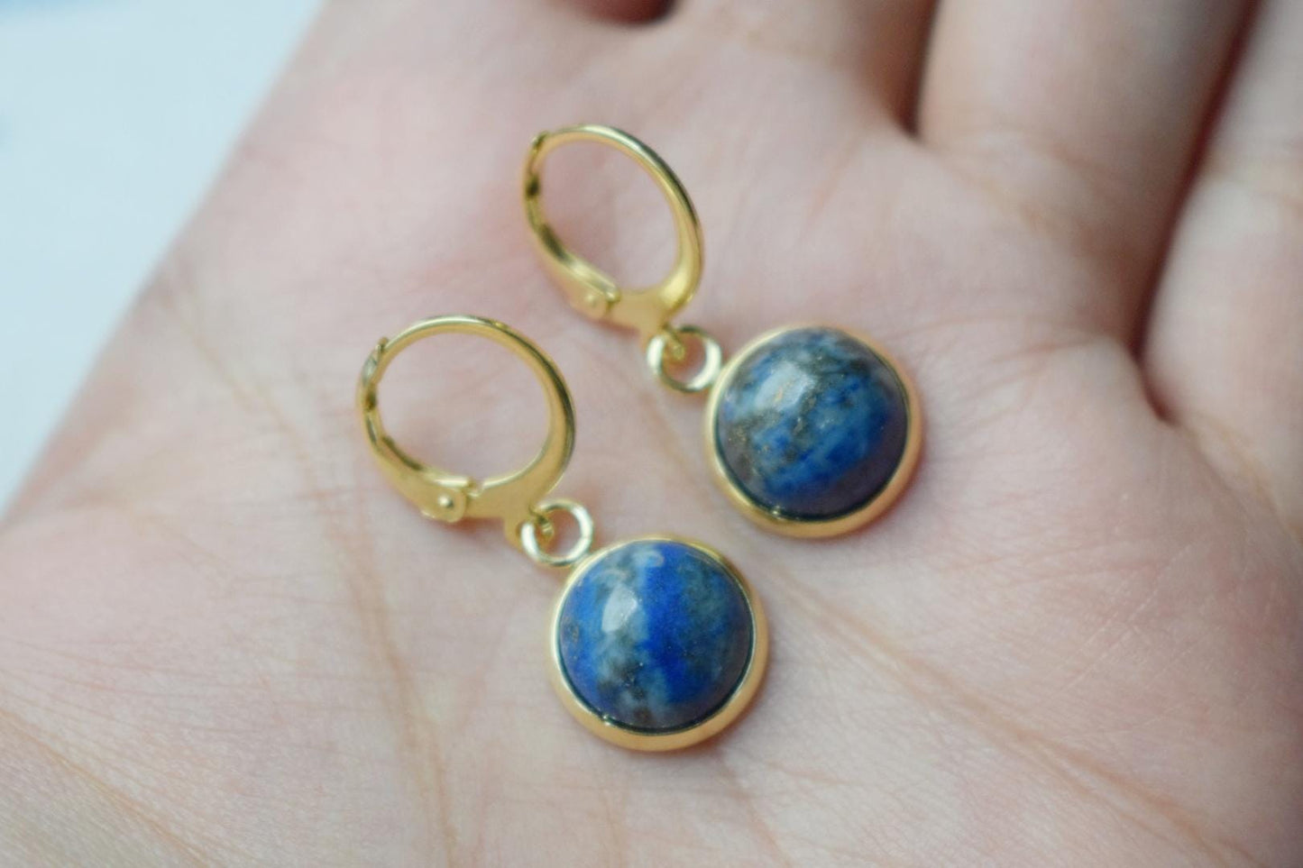Lapis Lazuli Dangle Earrings: 24k Gold Plated Huggie Hoops, Minimalist Stone Jewelry, Gift for her