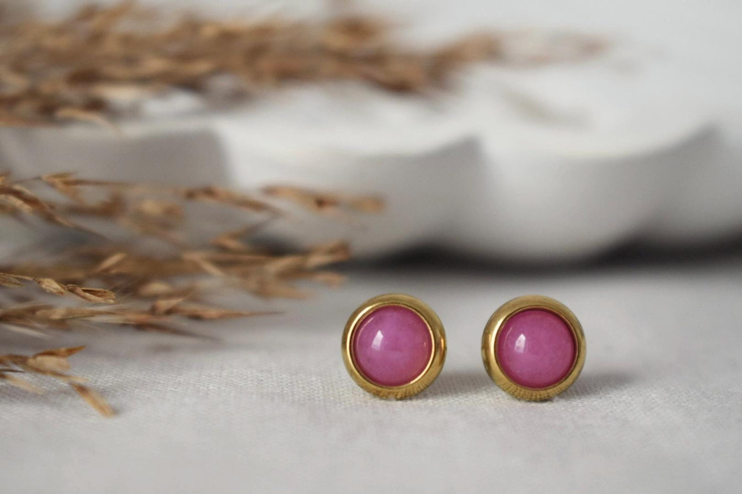 Pink Jade Stud Earrings: Gemstone Gold Plated Stainless Steel Jewelry