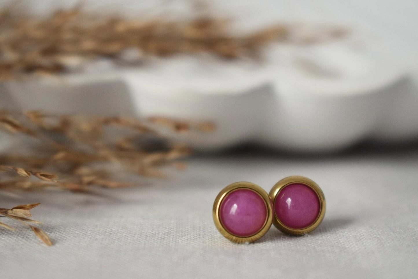 Pink Jade Stud Earrings: Gemstone Gold Plated Stainless Steel Jewelry