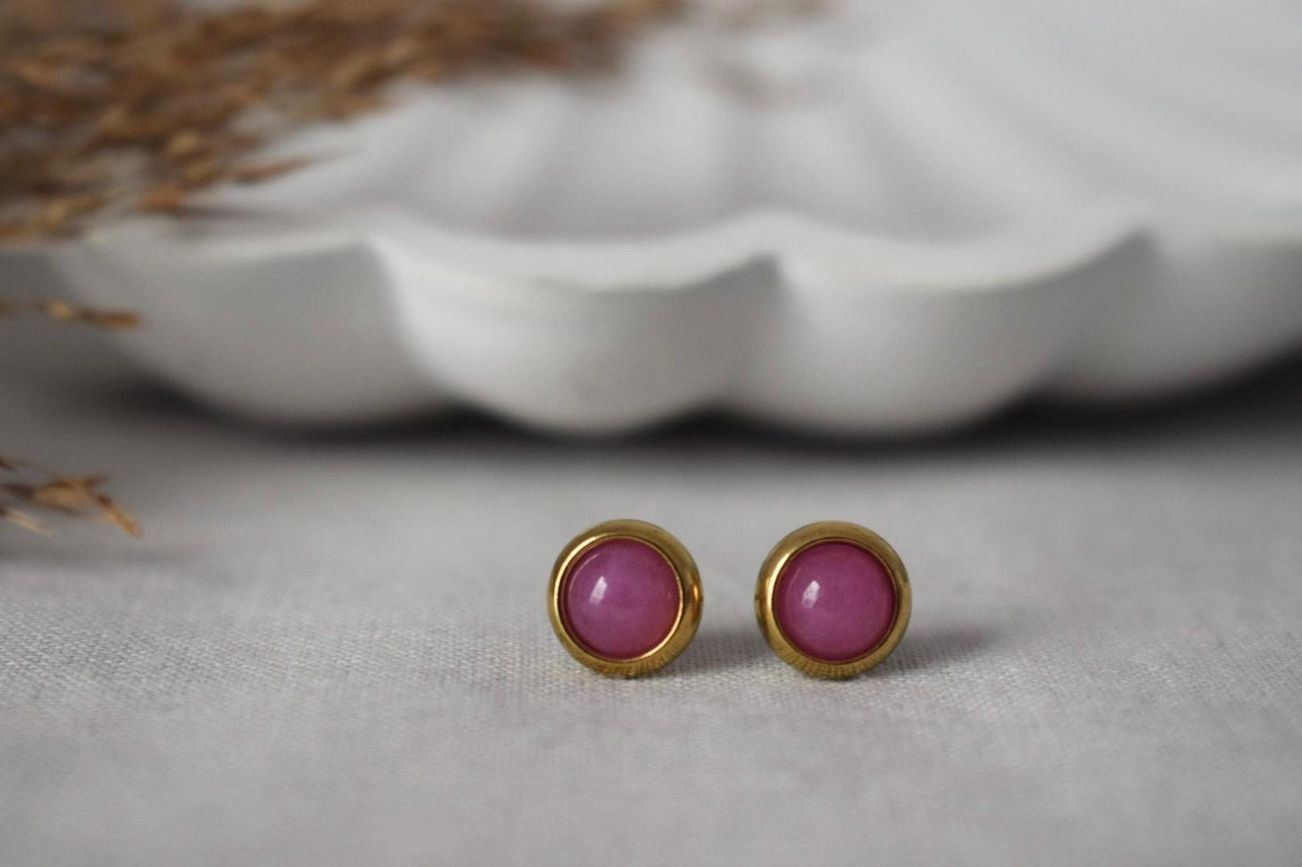 Pink Jade Stud Earrings: Gemstone Gold Plated Stainless Steel Jewelry
