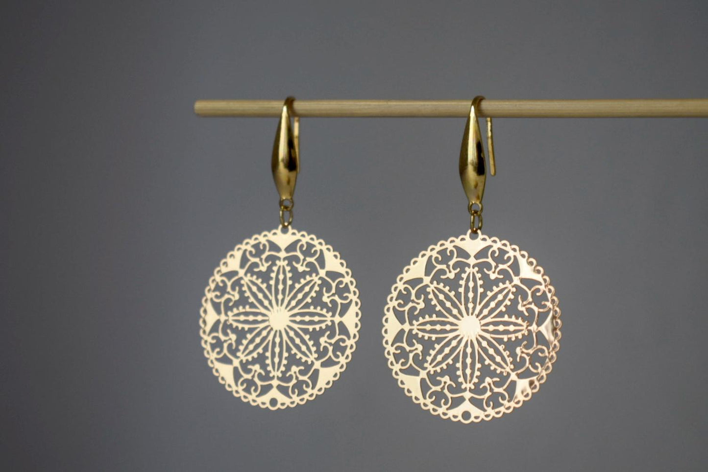 Golden Mandala Earrings, Filigree Flower, Boho Jewelry