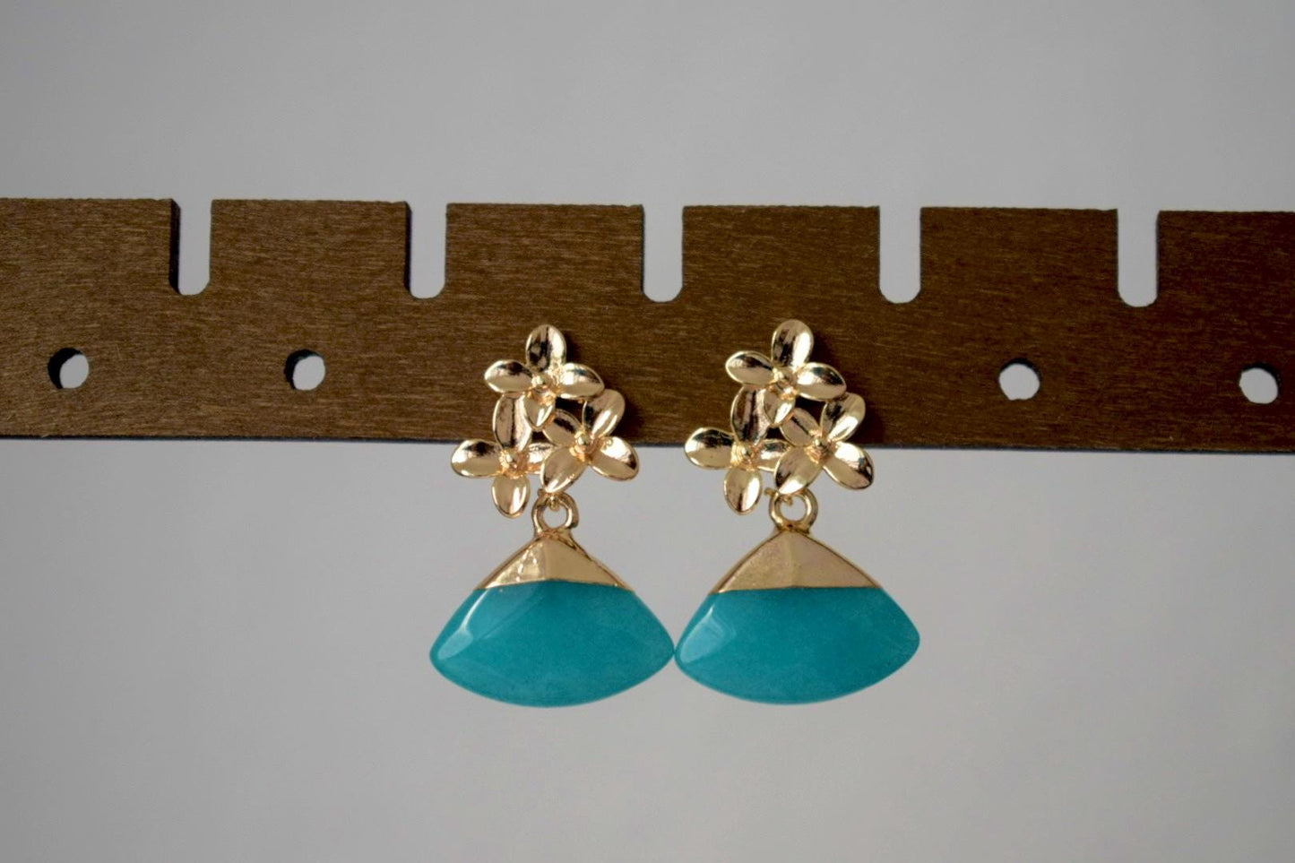 Aquamarine Jade Flower Earrings, 18K Gold Plated Studs
