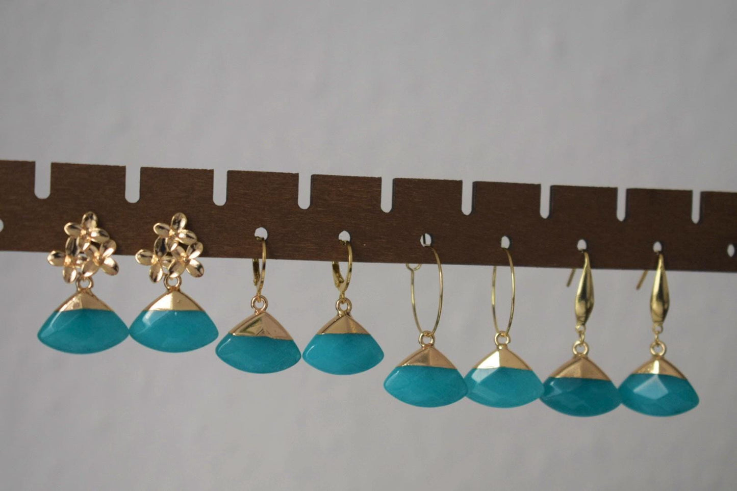 Aquamarine Jade Flower Earrings, 18K Gold Plated Studs