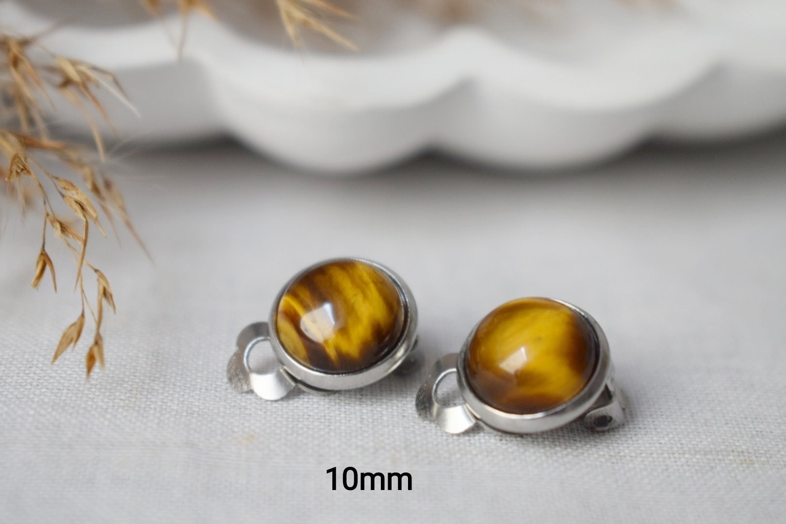 Small tiger eye clip on earrings, Gemstone Natural Stone No hole Jewellery