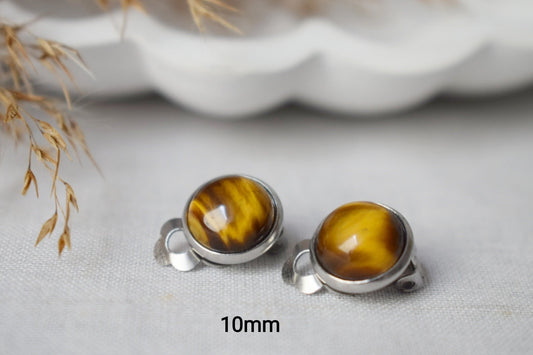 Small tiger eye clip on earrings, Gemstone Natural Stone No hole Jewellery
