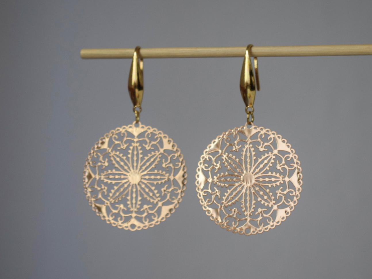 Golden Mandala Earrings, Filigree Flower, Boho Jewelry