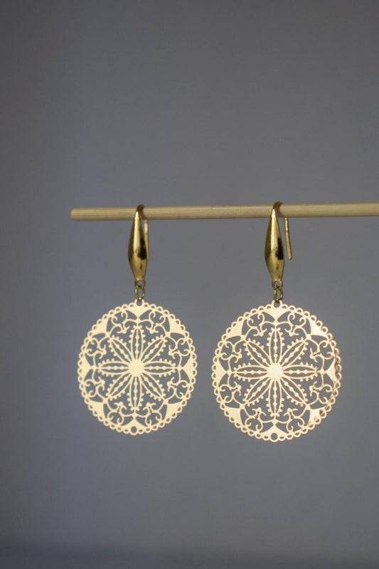 Golden Mandala Earrings, Filigree Flower, Boho Jewelry