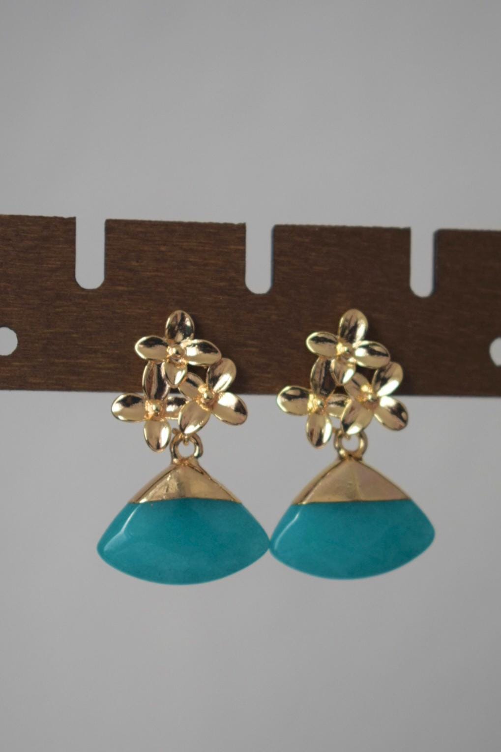 Aquamarine Jade Flower Earrings, 18K Gold Plated Studs