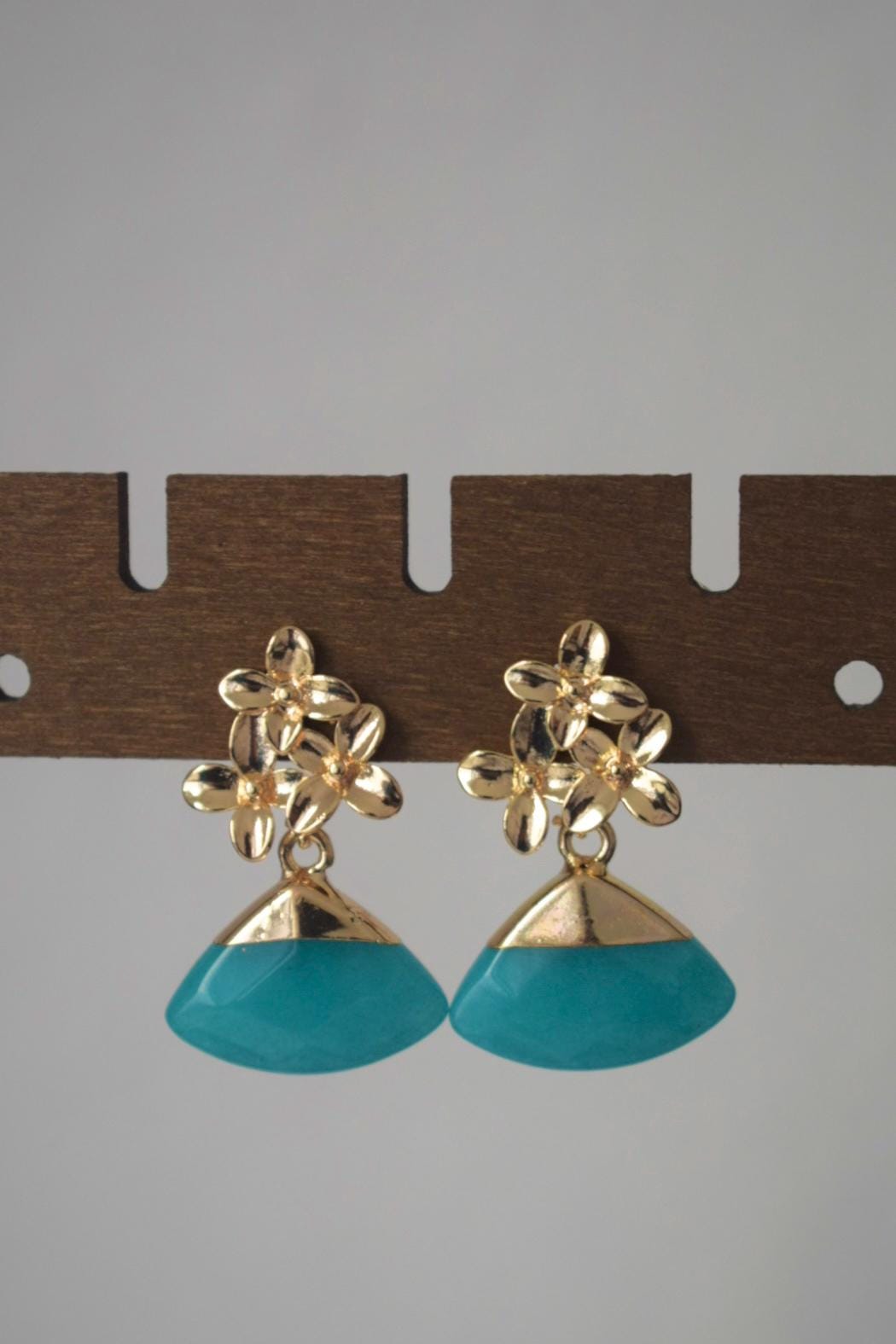 Aquamarine Jade Flower Earrings, 18K Gold Plated Studs