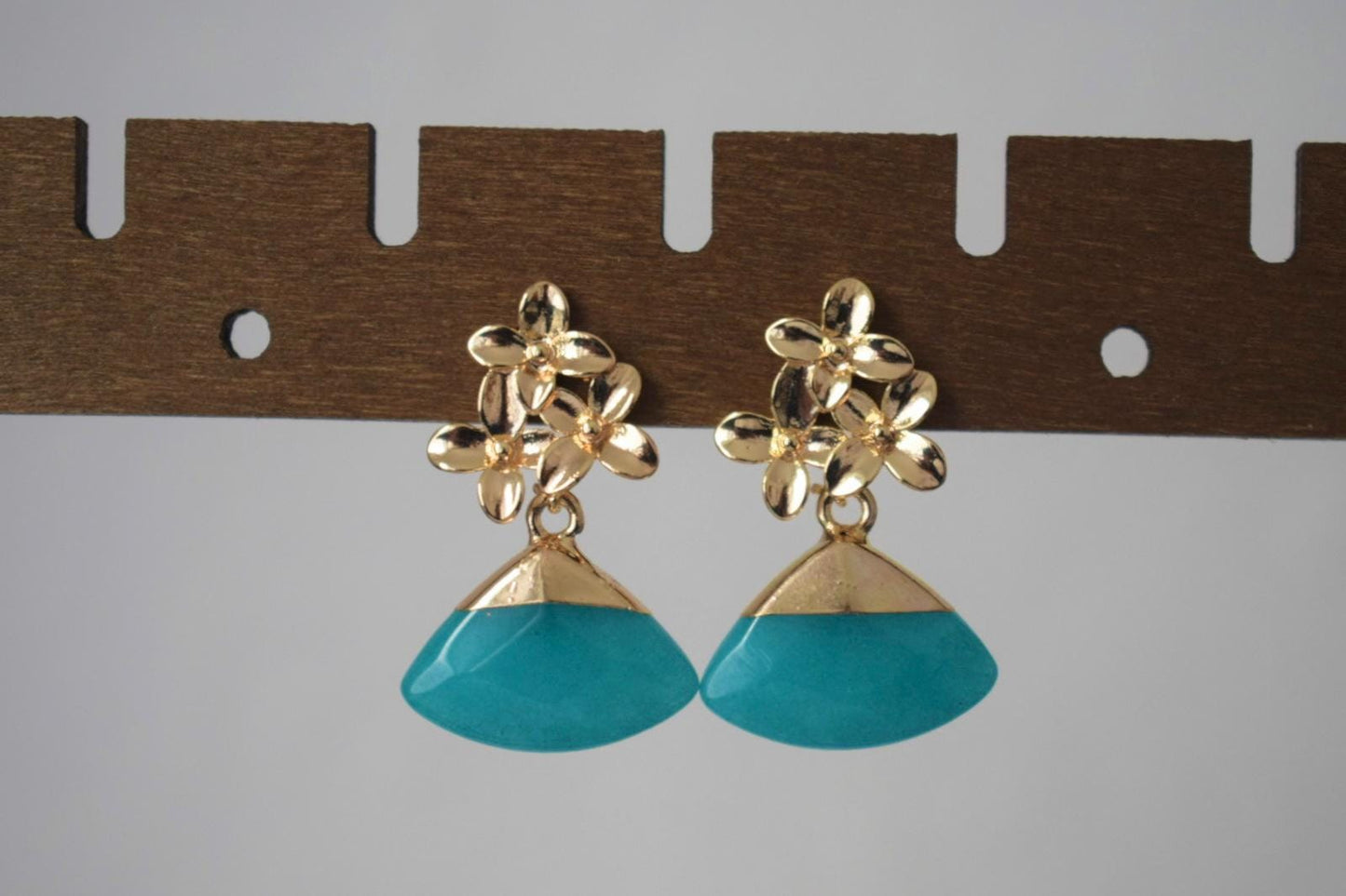 Aquamarine Jade Flower Earrings, 18K Gold Plated Studs