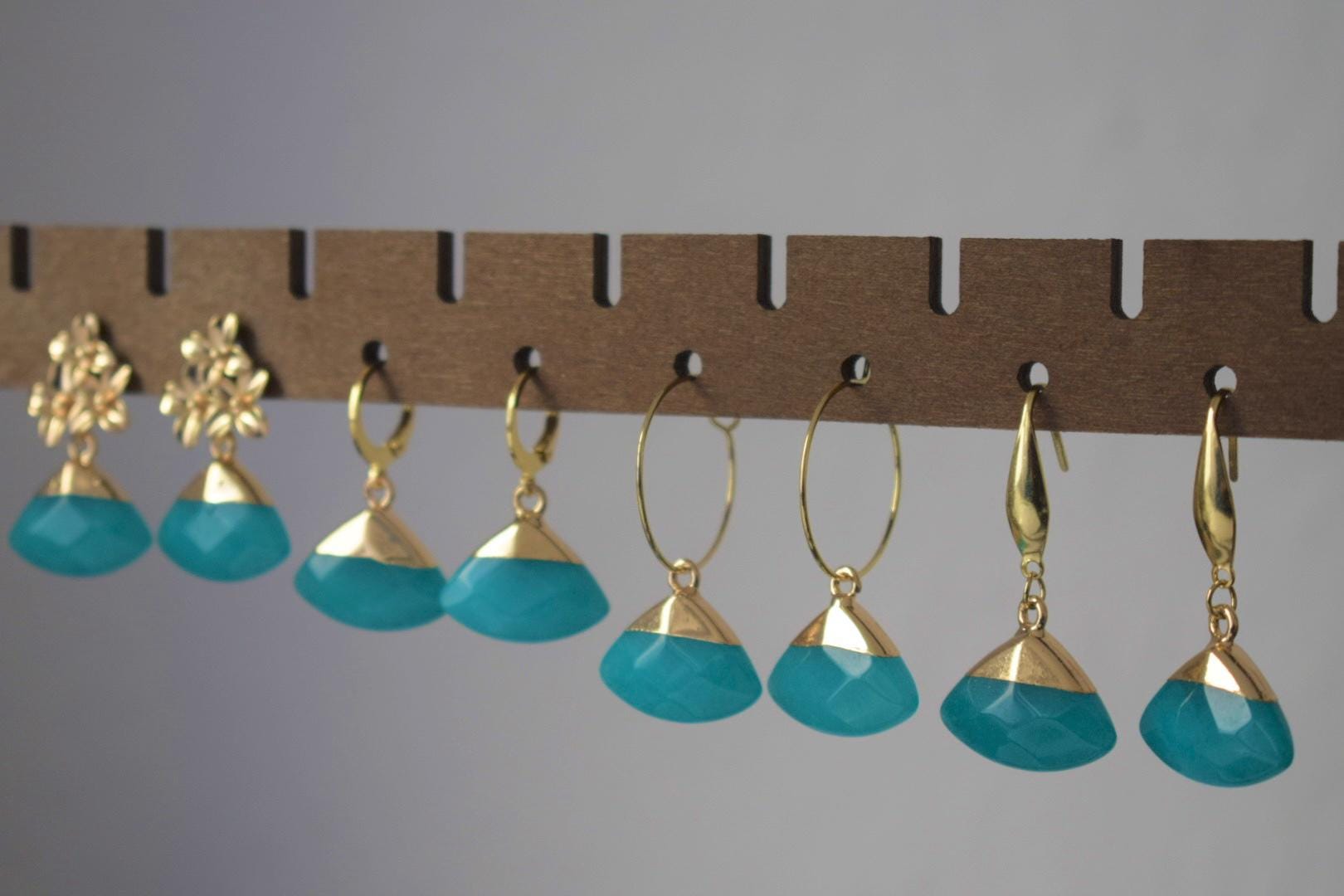 Aquamarine Jade Flower Earrings, 18K Gold Plated Studs