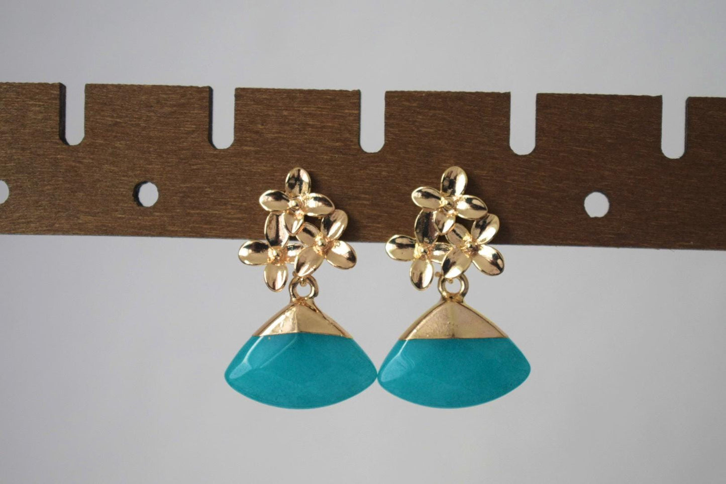 Aquamarine Jade Flower Earrings, 18K Gold Plated Studs