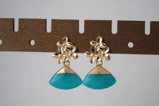 Aquamarine Jade Flower Earrings, 18K Gold Plated Studs