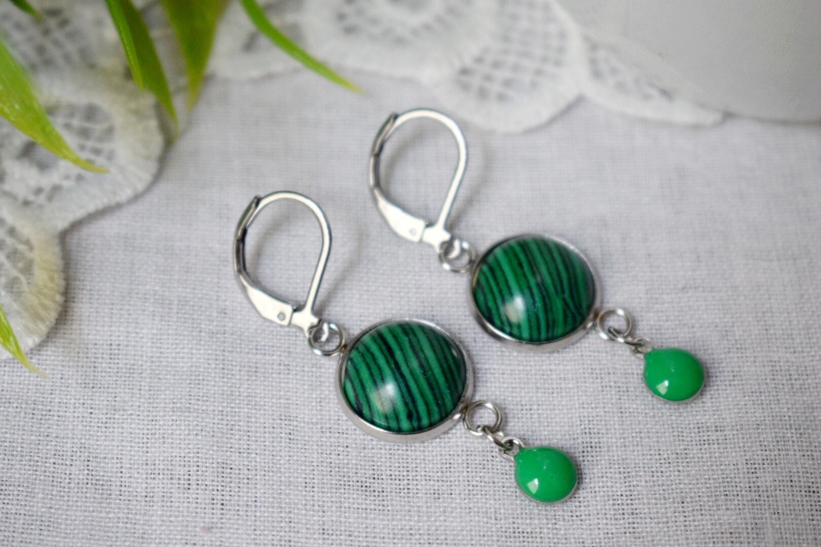 Malachite dangle earrings, Green Gemstone drop huggies, Boho jewelry