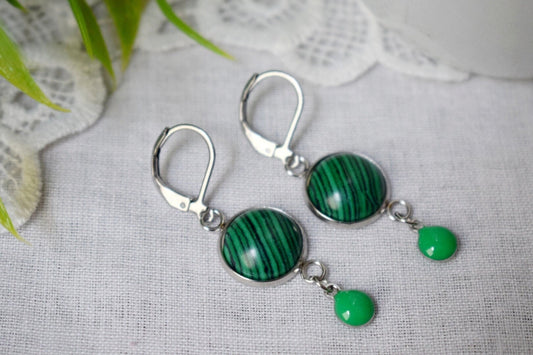 Malachite dangle earrings, Green Gemstone drop huggies, Boho jewelry