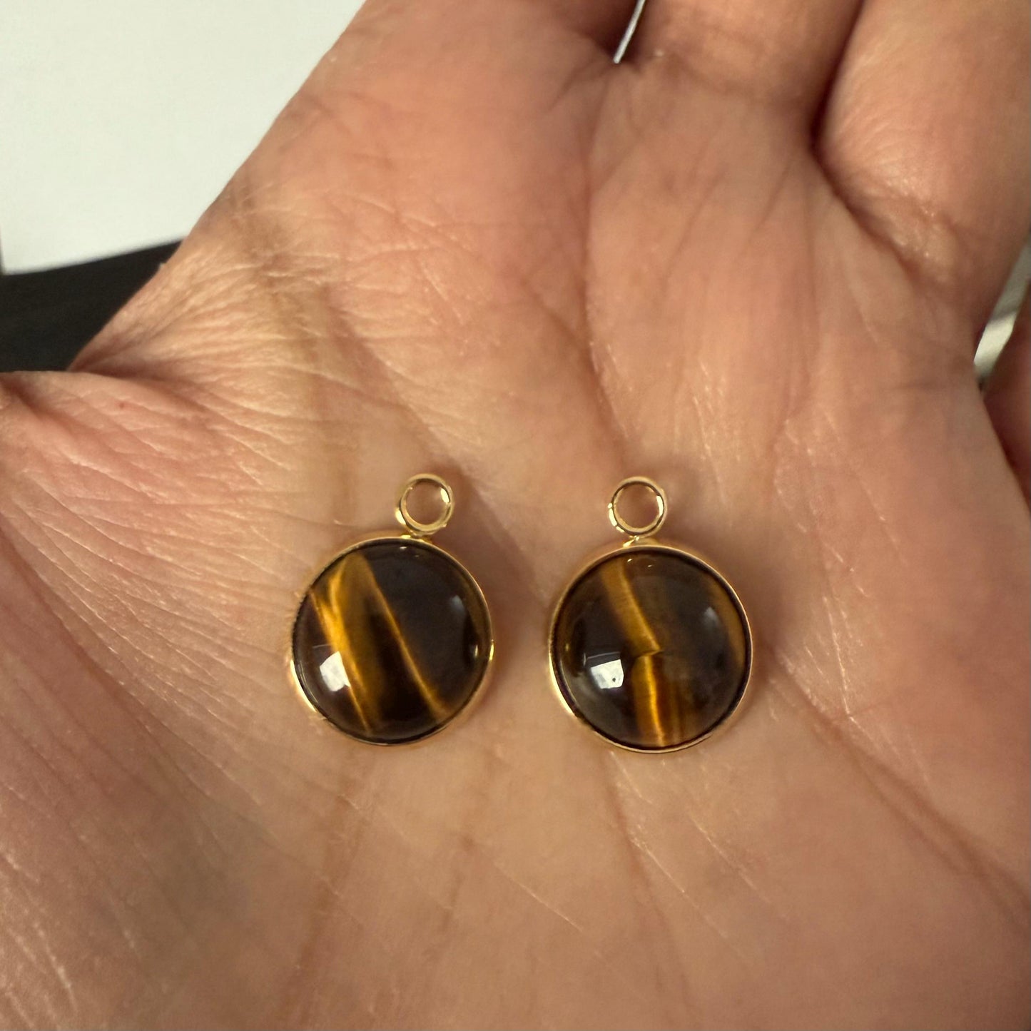 Tiger Eye Dangle Earrings, Gold Huggie Hoops, Brown Gemstone Jewelry