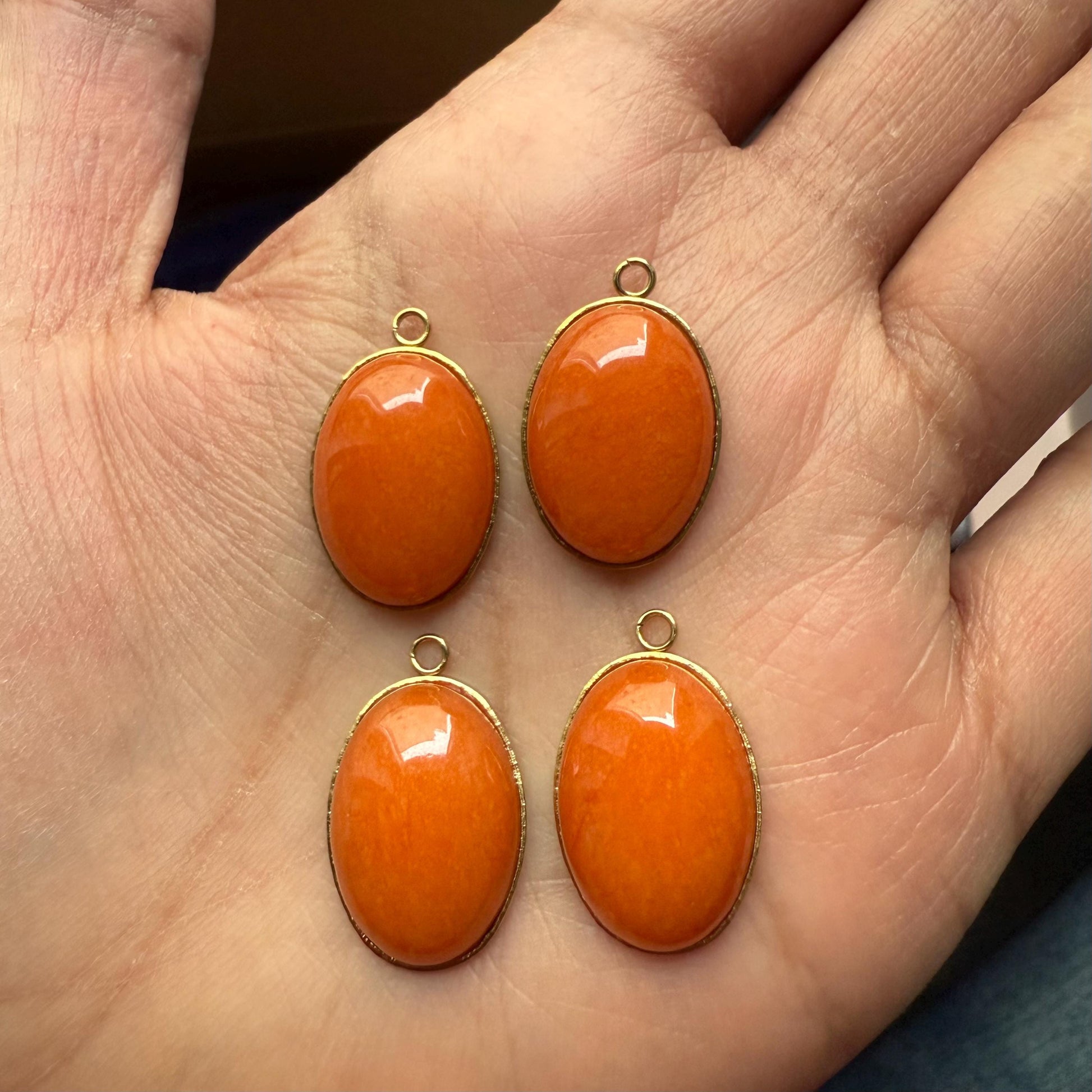 Orange Jade Dangle Earrings: Gold Plated Oval Gemstone Pendant Jewelry