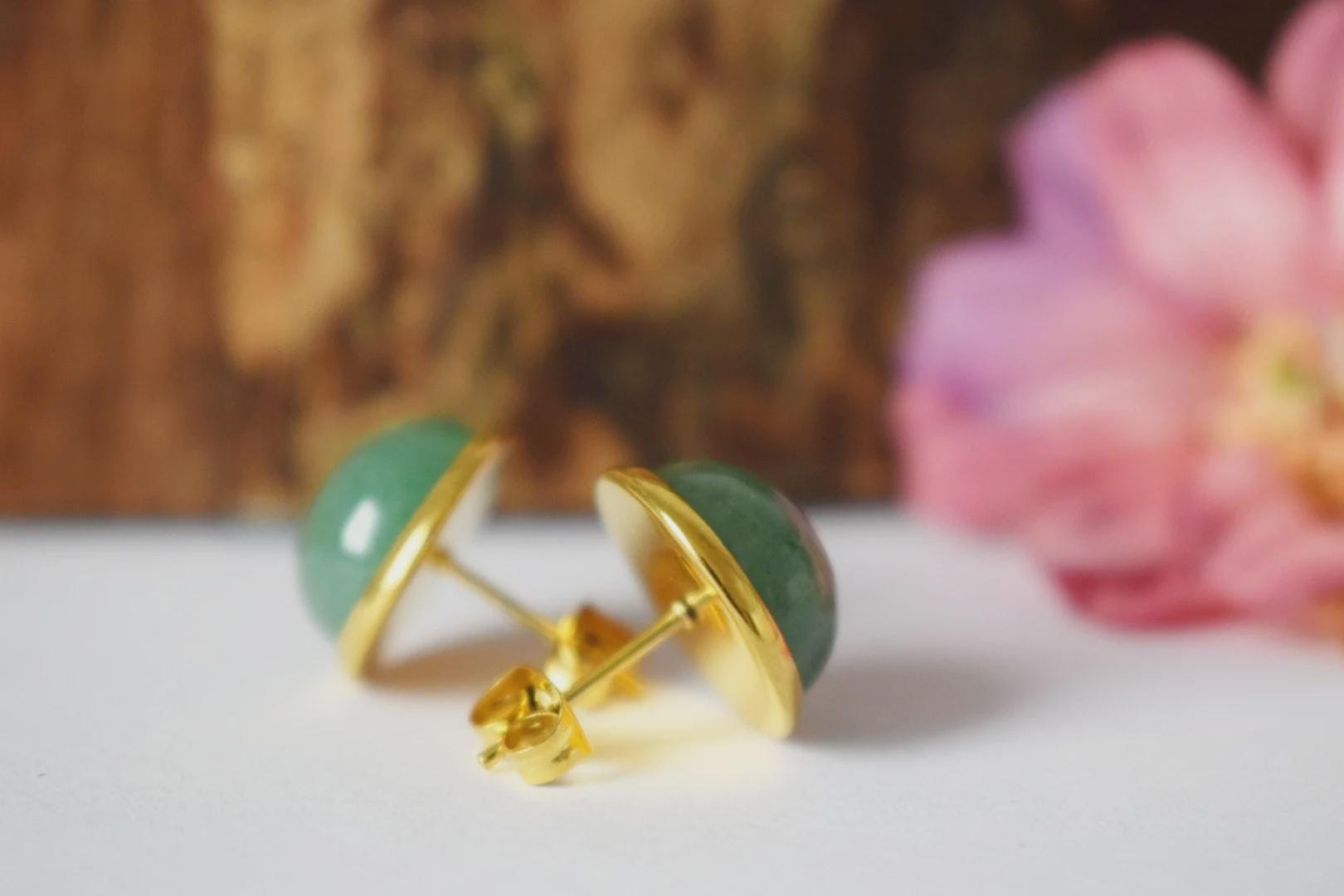 Green Aventurine Stud Earrings, 18k Gold Plated Stainless Steel Jewelry