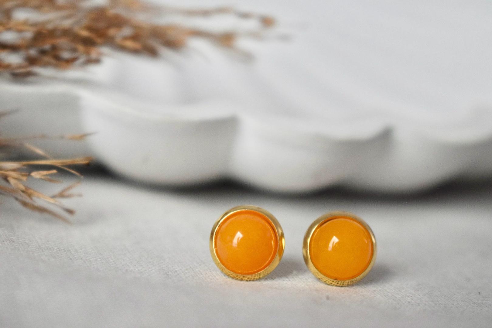 Yellow Jade Stud Earrings: 18k Gold Plated Stainless Steel Jewelry