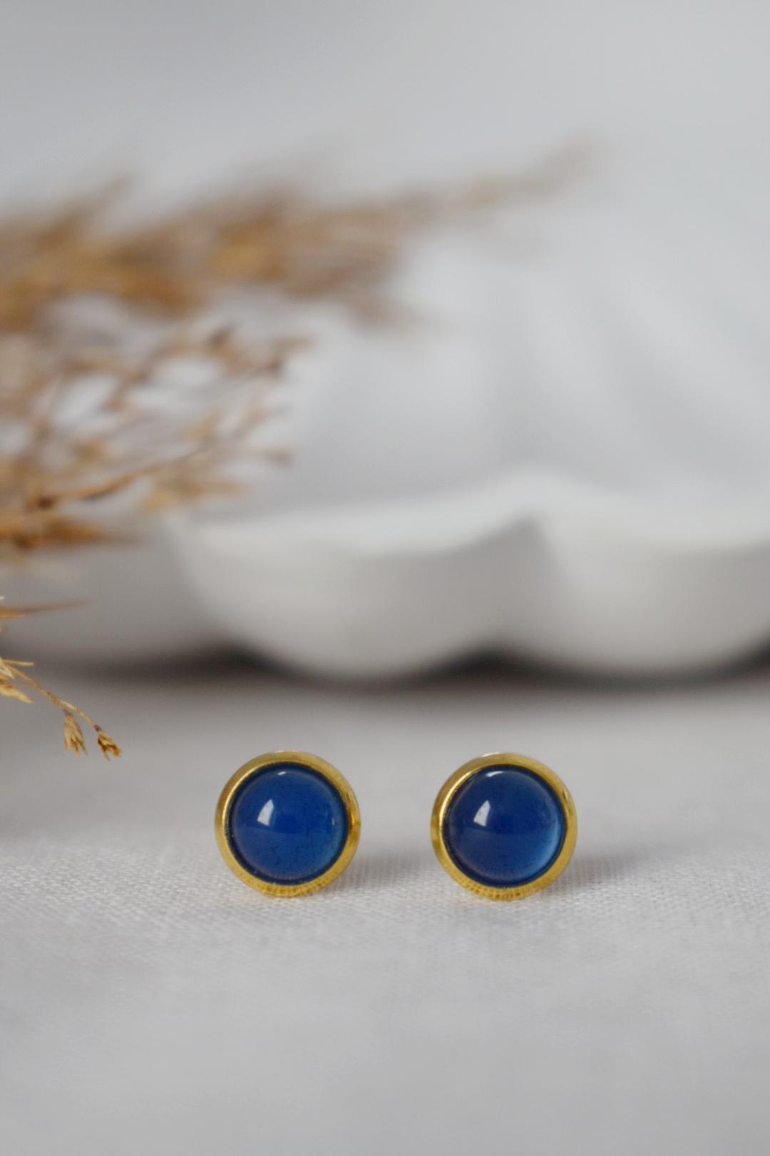 Mini Blue Agate Stud Earrings: 18k Gold Plated, Birthstone Jewelry